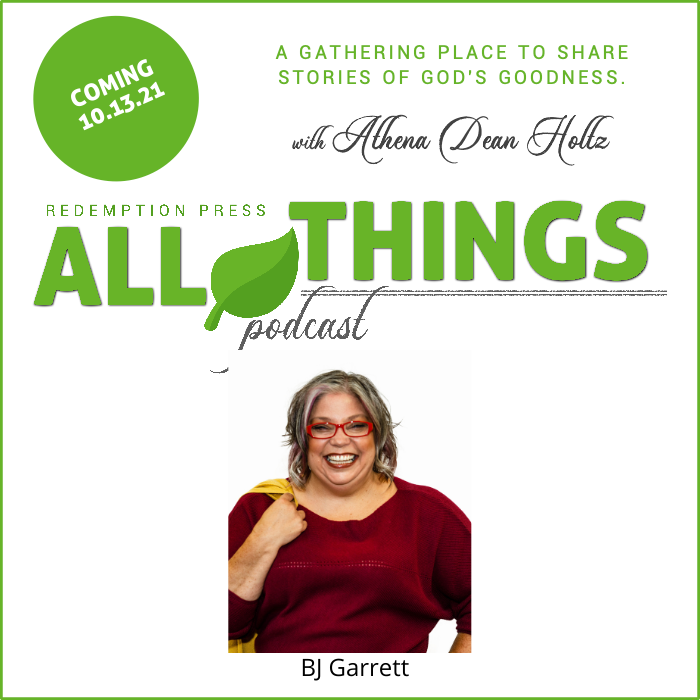 Redemption Press All Things Podcast Cover Art - BJ Garrett smiling in red glasses and blouse.