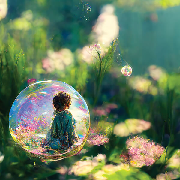 stories of epic adventure, a little child floating in an iridescent bubble going for a glide through a beautiful garden