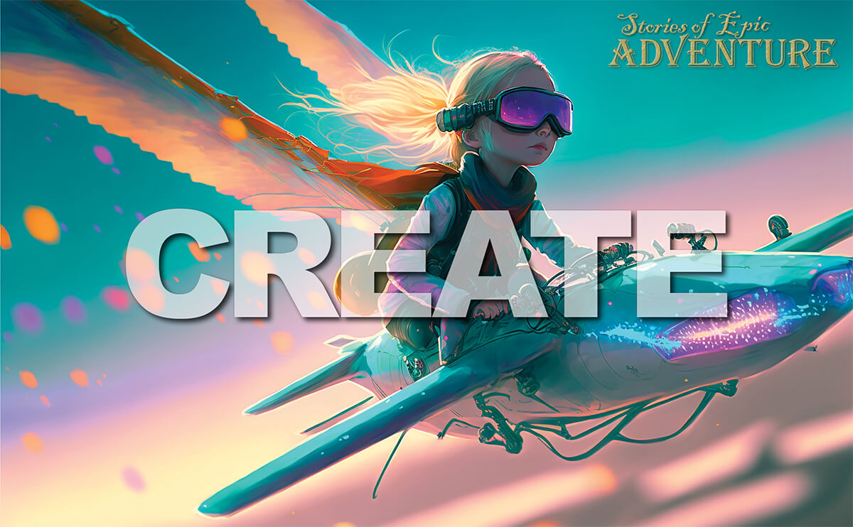 stories of epic adventure, create, blonde pre-teen girl with goggles flies her fantasy aircraft above pink clouds and blue sky
