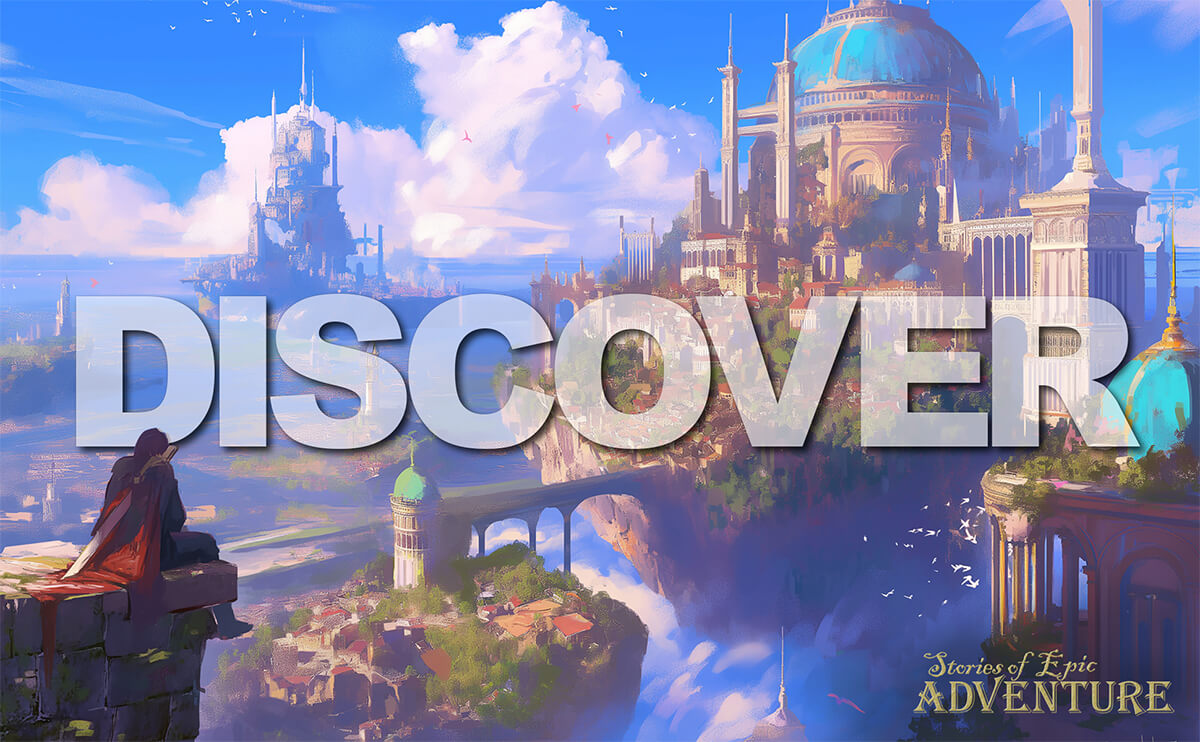 stories of epic adventure, discover, person sitting on a high ledge looking at a beautiful city with towers and waterfalls