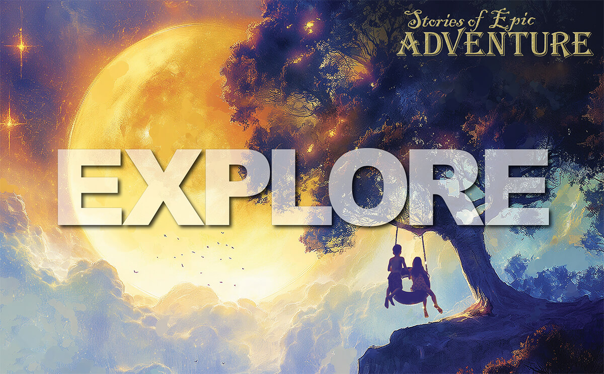 Stories of epic adventure, explore, children on a tire swing looking at the full moon.