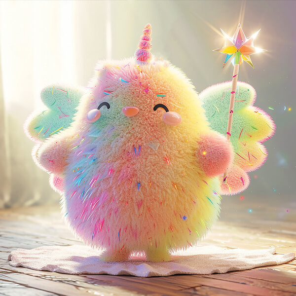 stories of epic adventure, fluffy opalescent unicorn fairy plushy with a magic wand