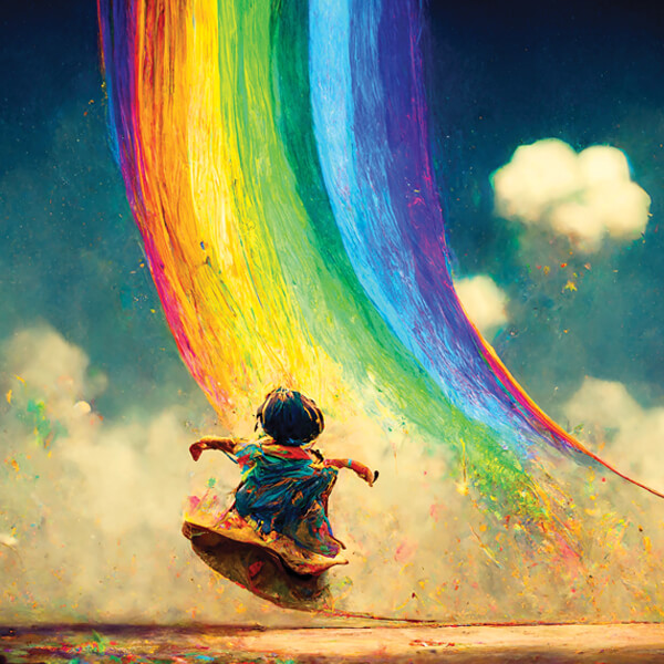 stories of epic adventure, child sliding fast down the rainbow luge